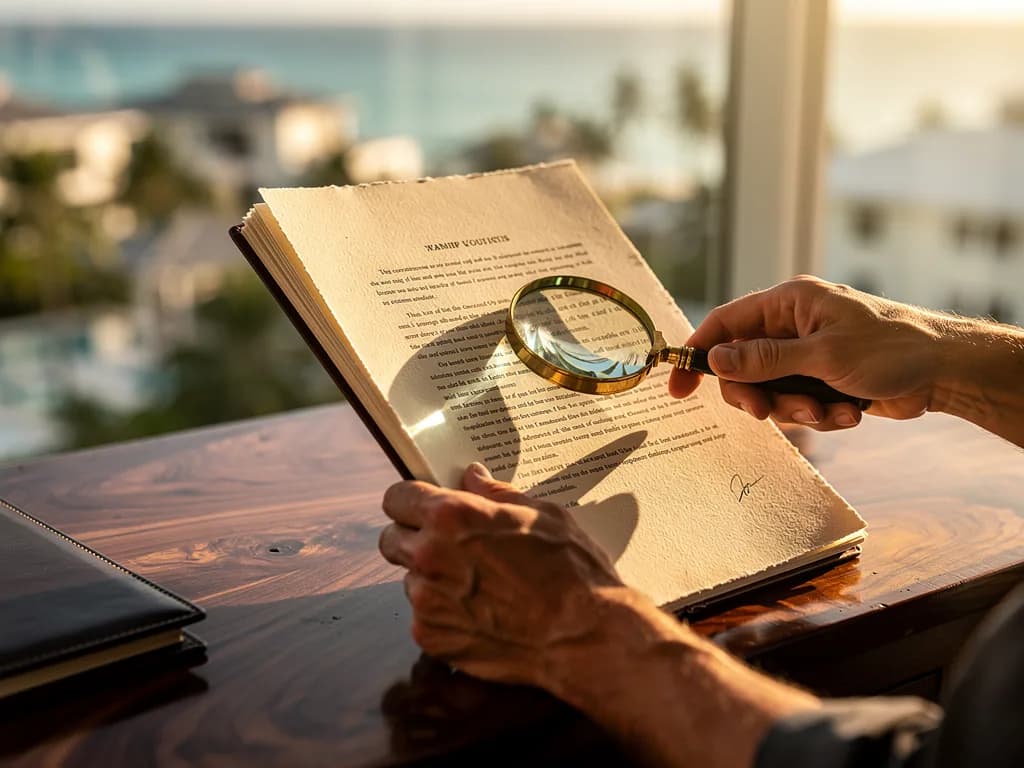 Hands reviewing real estate purchase legal documents with a magnifying glass over contract clauses in a lawyer's office