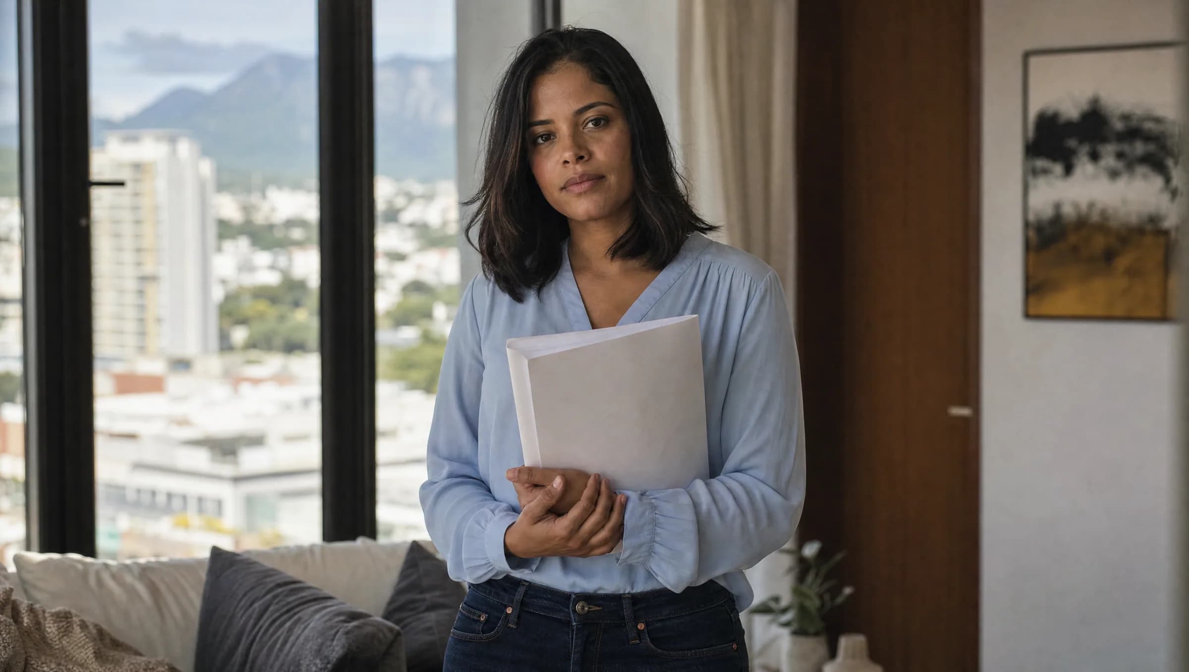 Mujer dominicana sosteniendo un contrato en un apartamento en Santiago con vista a la ciudad