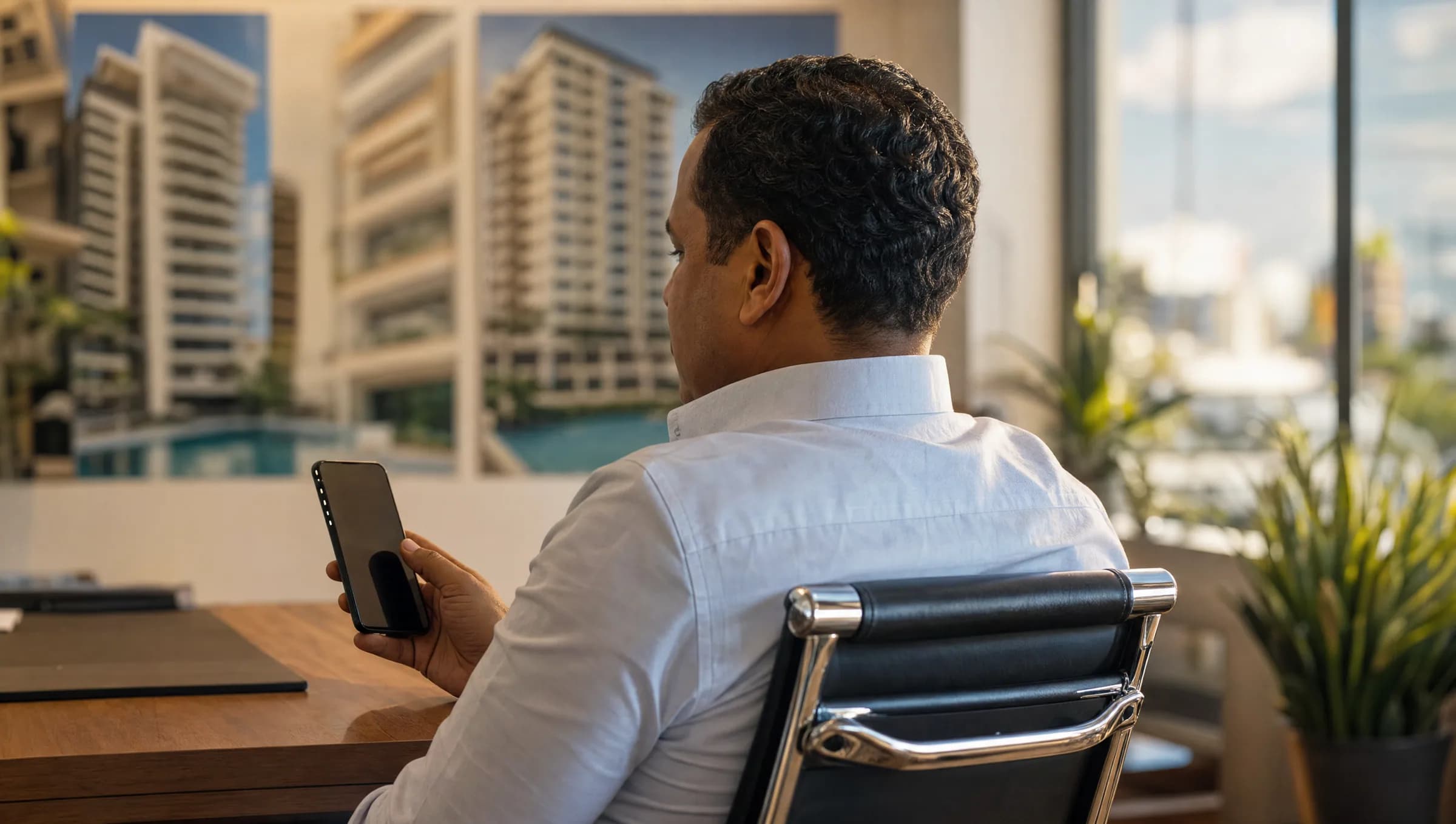 Hombre dominicano revisando múltiples conversaciones de WhatsApp en su teléfono mientras busca propiedades, mostrando la confusión típica de compradores que inician en plataformas no verificadas