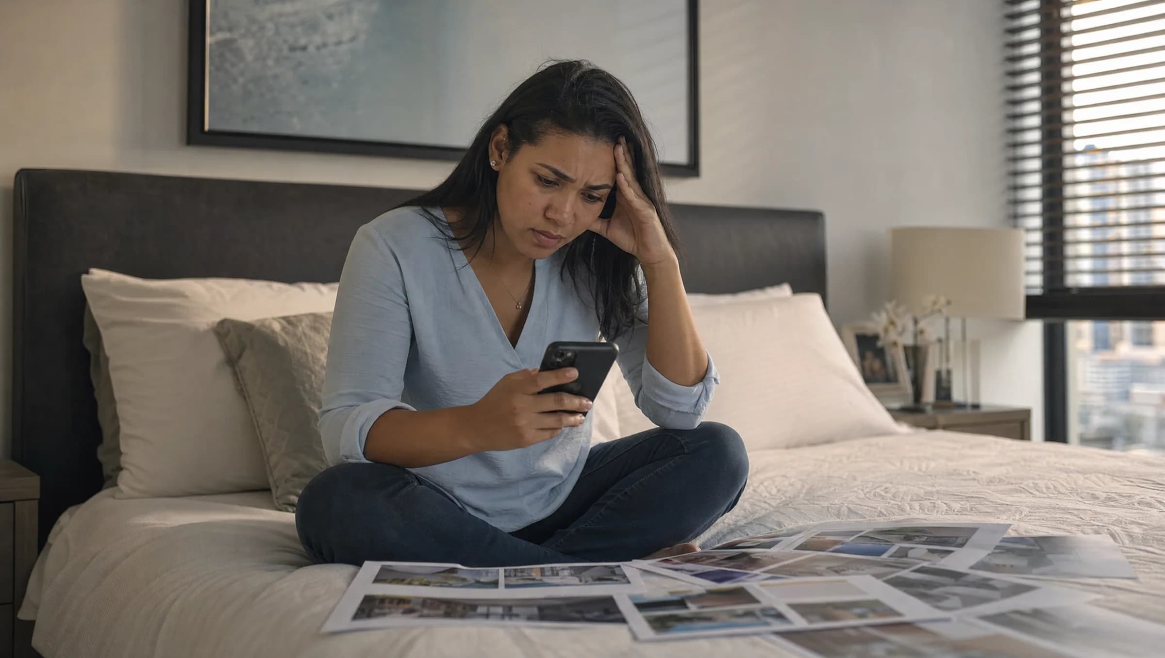 Mujer dominicana sentada en su cama rodeada de papeles de propiedades, revisando opciones inmobiliarias en su teléfono con expresión de frustración y confusión