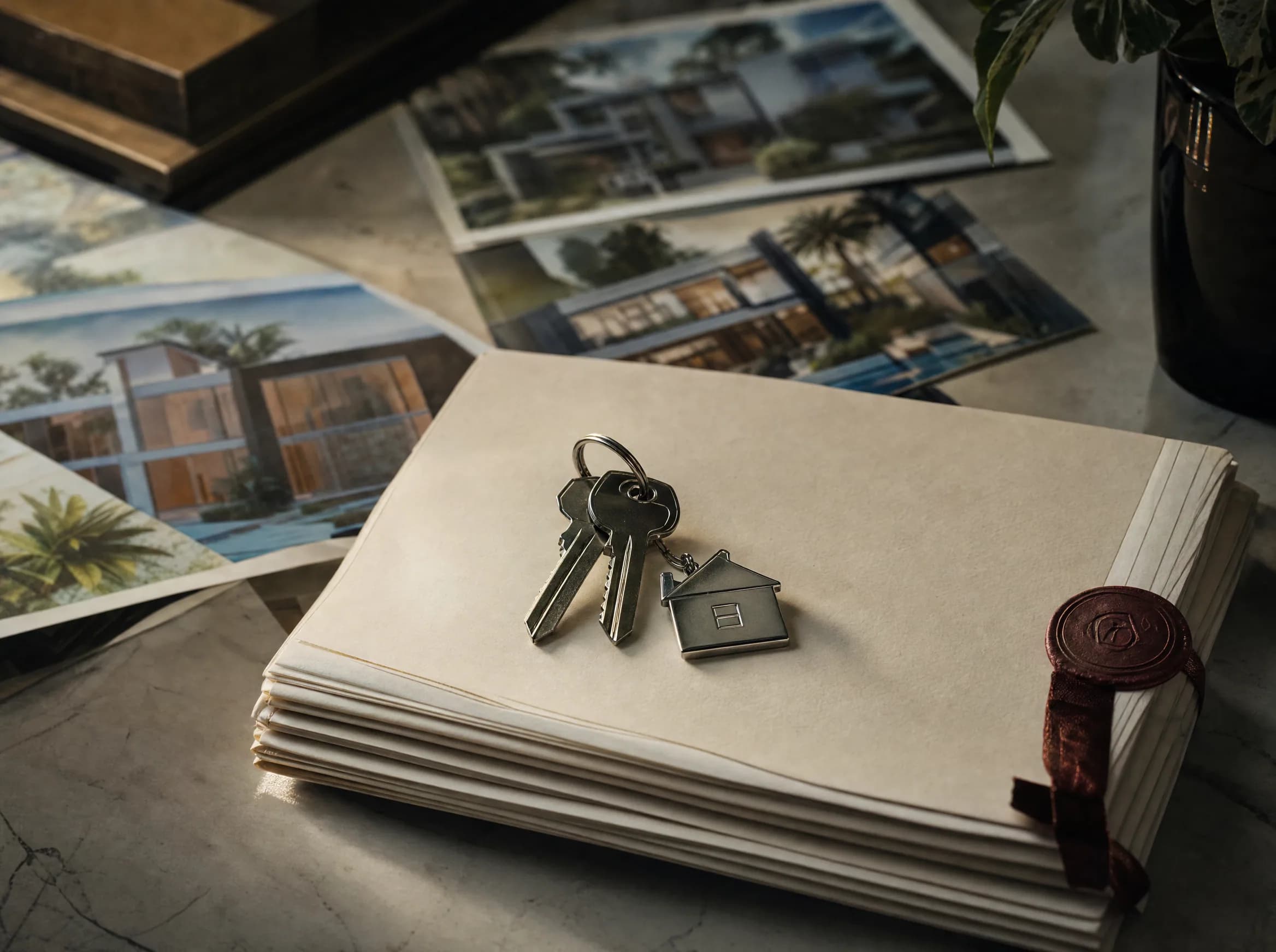 Primer plano de llaves de casa sobre documentos contractuales doblados con folletos inmobiliarios desenfocados al fondo, simbolizando el proceso de compra de propiedades