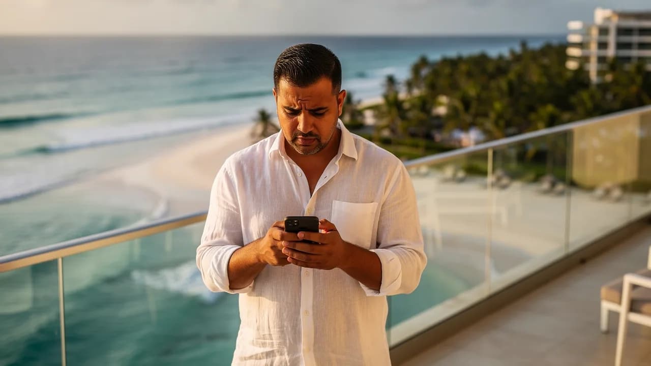 Hombre dominicano preocupado mirando su teléfono en un balcón con vista al mar en Punta Cana, simbolizando la decisión de inversión basada únicamente en redes sociales