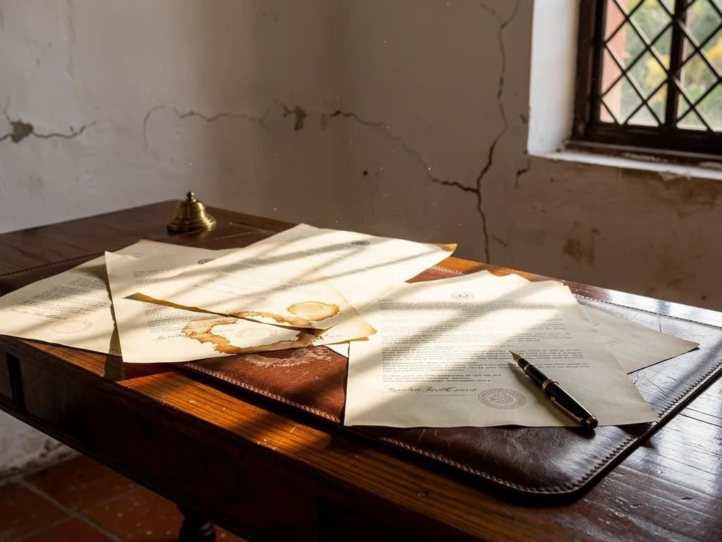 Legal documents of Dominican property spread across a notary desk, showing the importance of legal verification in real estate investments