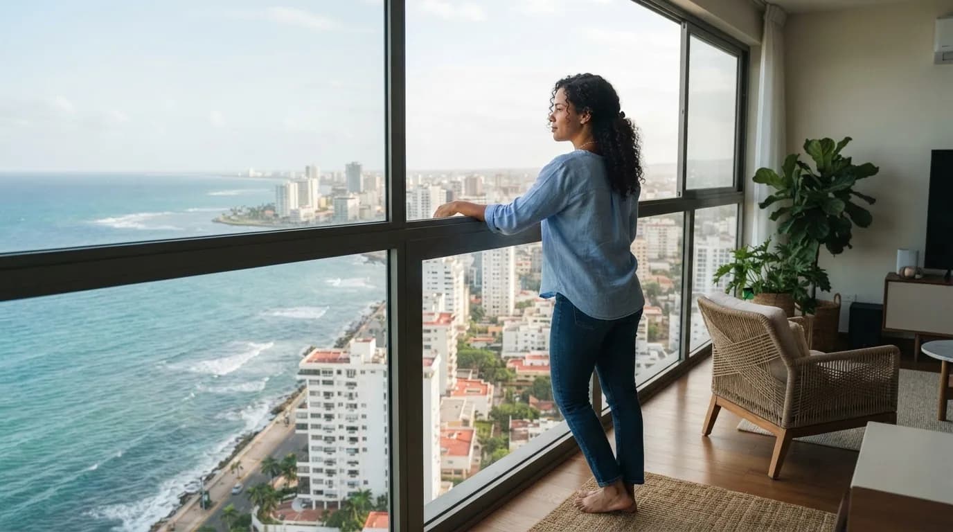 Mujer dominicana contemplativa mirando por ventana hacia vista al mar y horizonte de Santo Domingo desde apartamento moderno