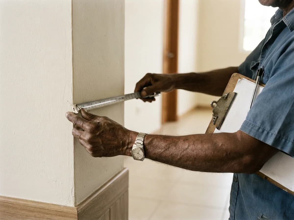 Hands of professional appraiser measuring apartment wall with tape measure, showing the appraisal evaluation process