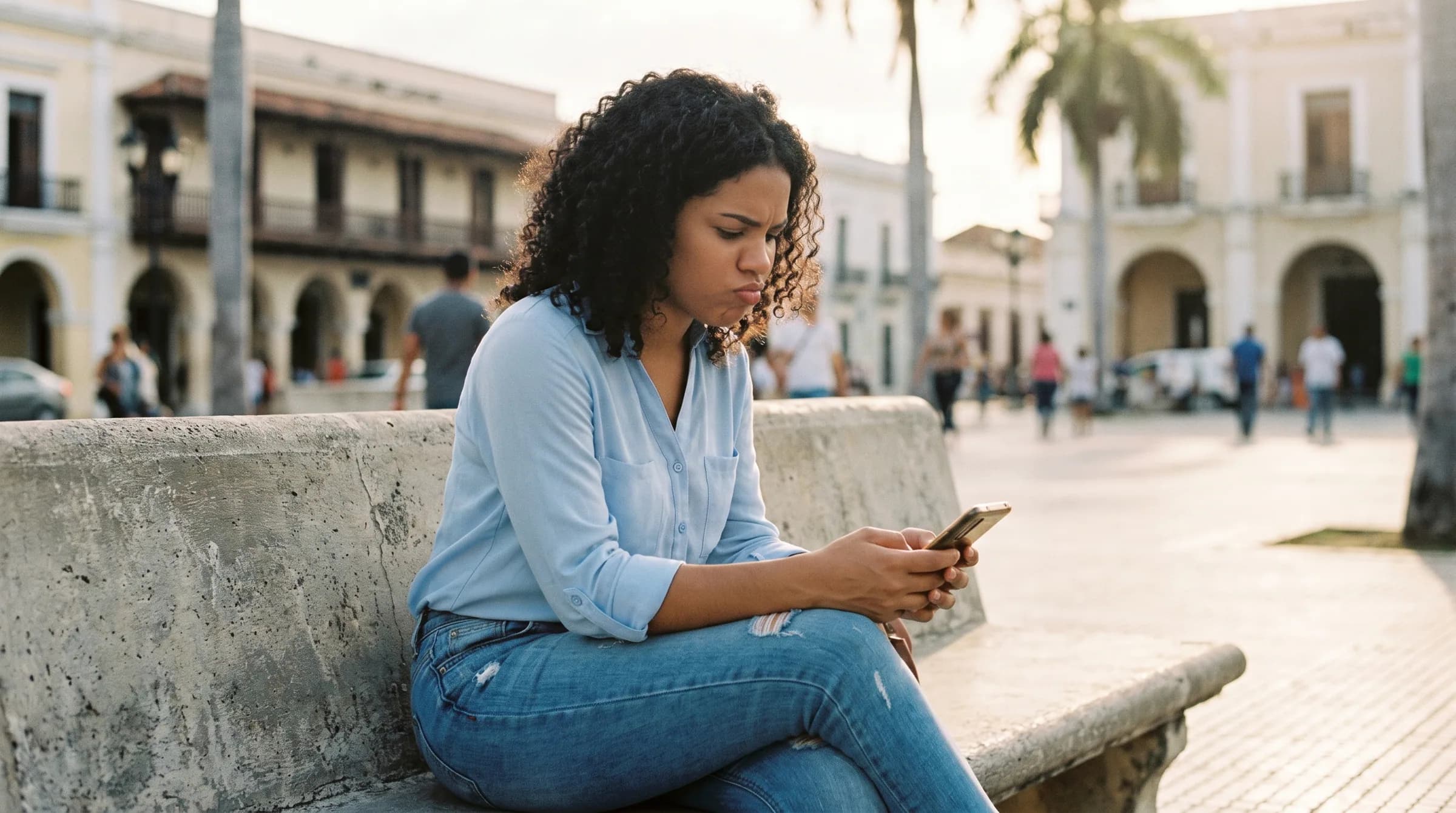 Mujer joven dominicana sentada en un banco revisando su teléfono con expresión pensativa en Plaza de la Cultura, Santo Domingo