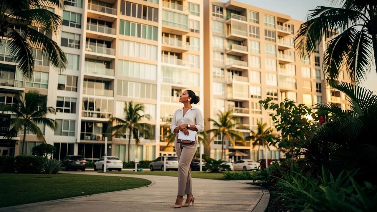 Mujer joven observando edificios residenciales en Santo Domingo durante proceso de búsqueda de apartamento