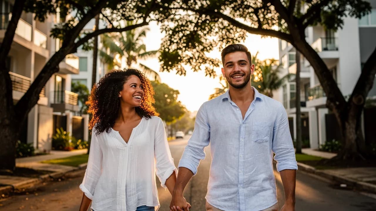 Pareja joven dominicana caminando por una calle arbolada de Piantini con edificios residenciales modernos al fondo durante la hora dorada
