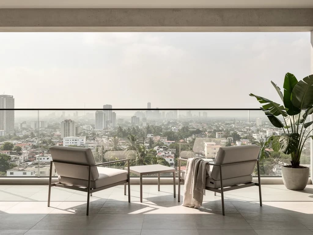 Empty balcony of modern apartment with panoramic view of Santo Domingo from the Naco sector in the afternoon
