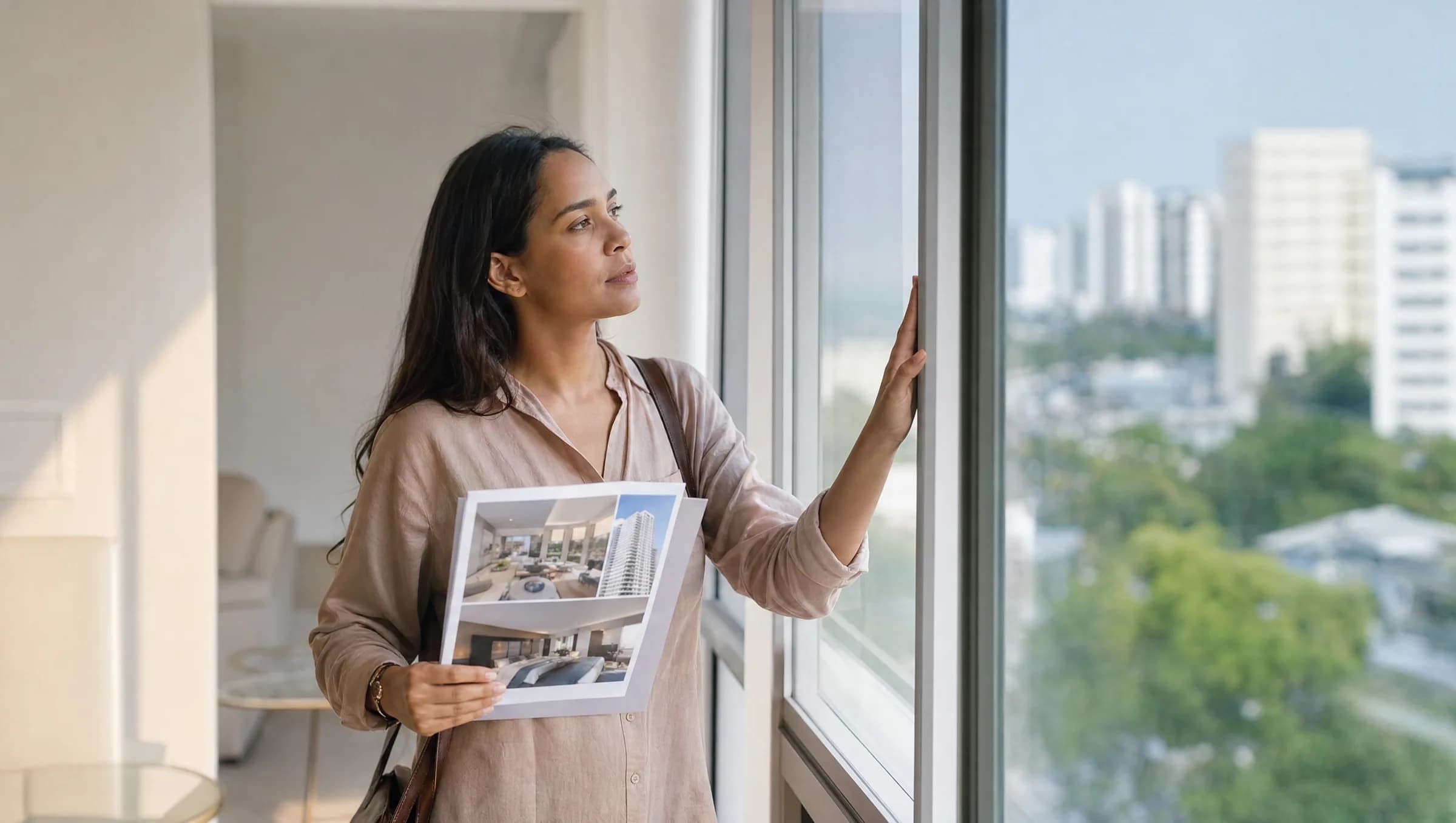Mujer dominicana comparando un apartamento terminado con los planos del proyecto, evaluando las diferencias entre entrega inmediata y compra sobre planos