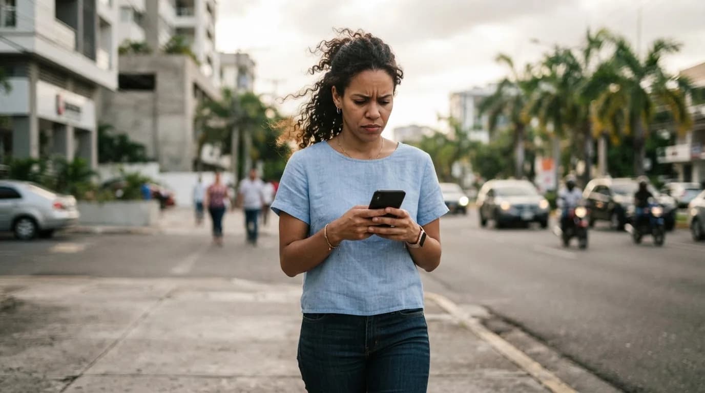 Mujer joven dominicana caminando por una avenida mientras mira su teléfono con expresión pensativa, con edificios residenciales modernos al fondo