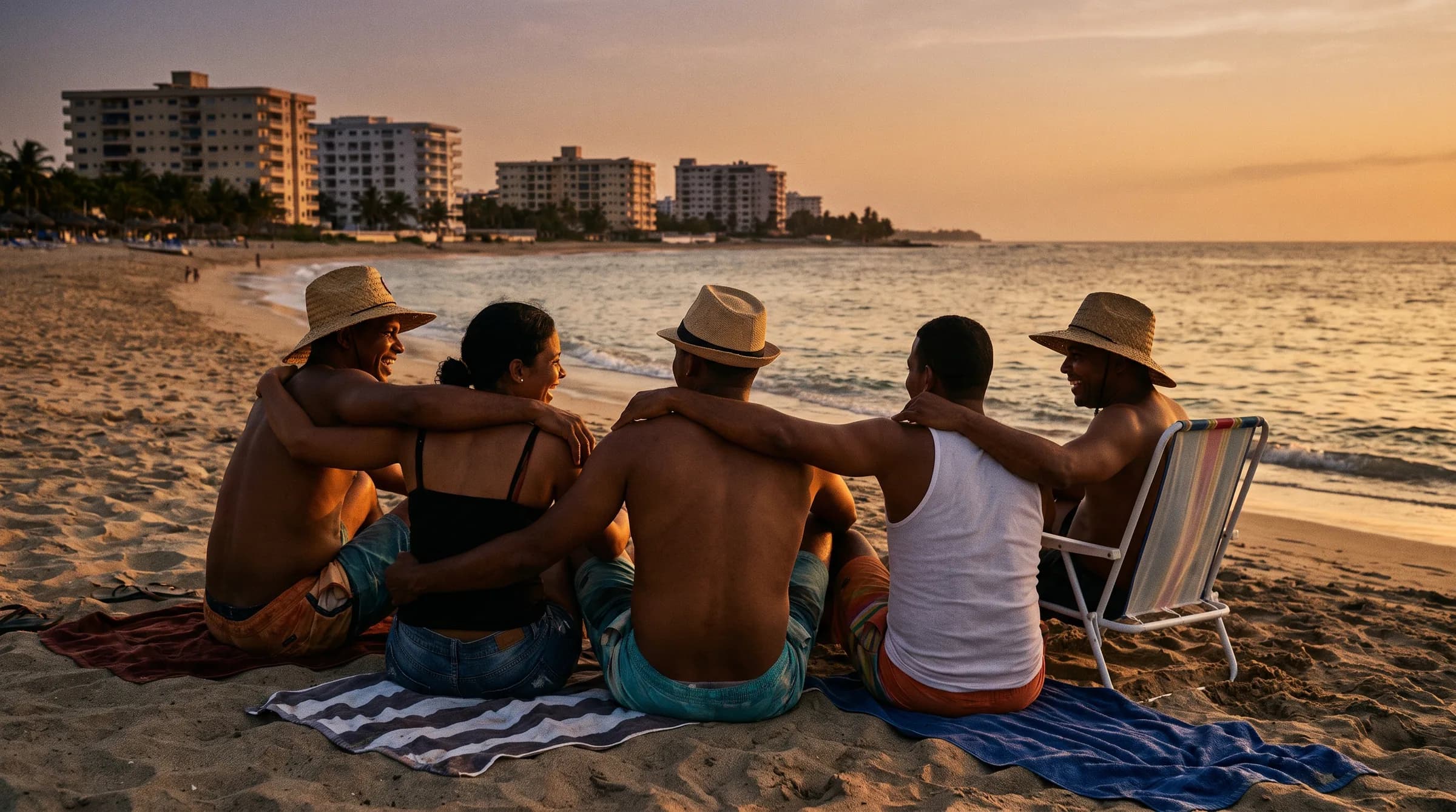 Grupo de amigos dominicanos disfrutando de la playa en Juan Dolio con apartamentos frente al mar visible al fondo durante la hora dorada