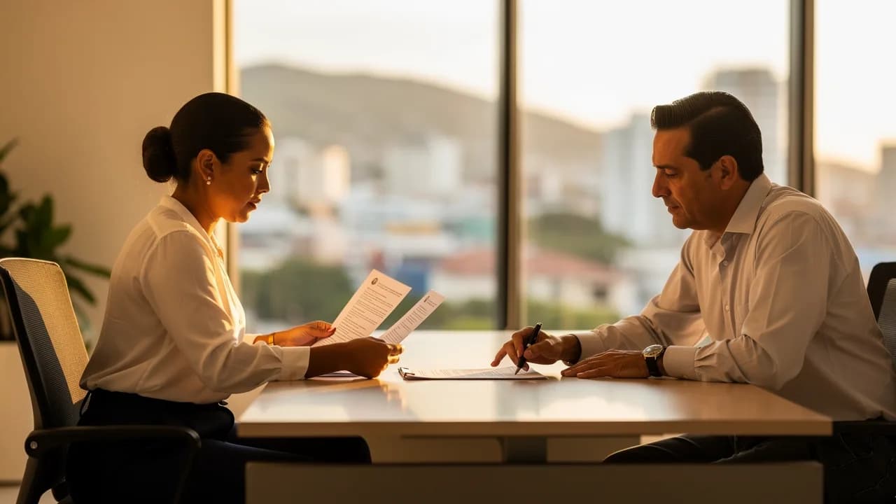 Mujer dominicana revisando documentos legales de propiedad con su abogado en una oficina en Santiago, mostrando el proceso correcto de verificación antes de realizar un pago