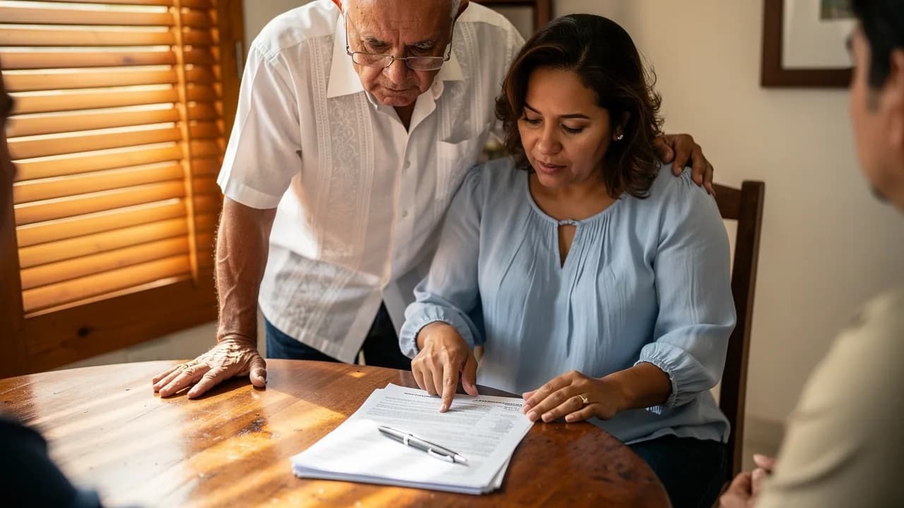 Familia dominicana reunida alrededor de una mesa revisando documentos inmobiliarios, con una mujer joven señalando papeles mientras recibe consejos de familiares mayores en una casa de Bella Vista