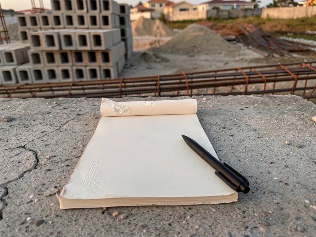 Lista de preguntas escritas a mano sobre el FOVERD con fondo de construcción residencial dominicana, representando la preparación necesaria antes de solicitar el subsidio