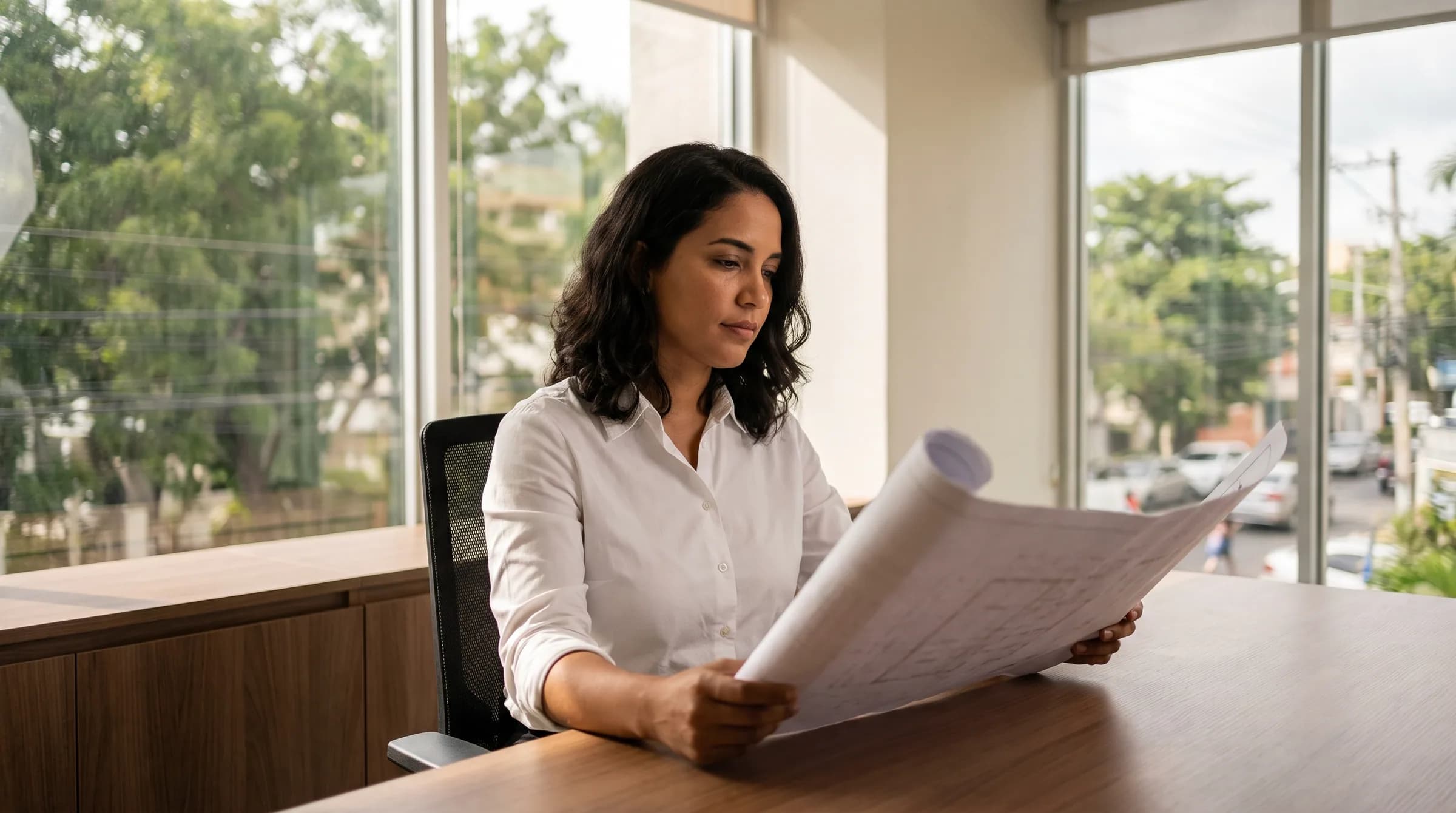 Mujer dominicana revisando planos arquitectónicos en oficina de bienes raíces, concentrada en documentos sobre garantías estructurales