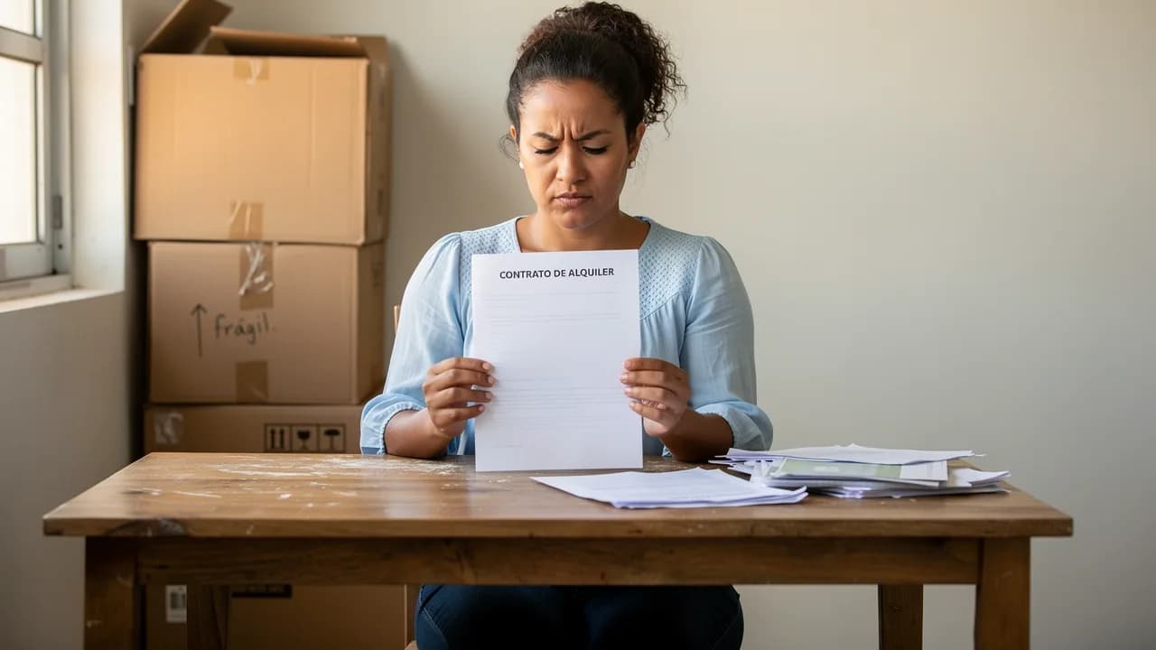 Mujer dominicana revisando contrato de alquiler en apartamento de Santiago, rodeada de cajas de mudanza, con expresión de confusión