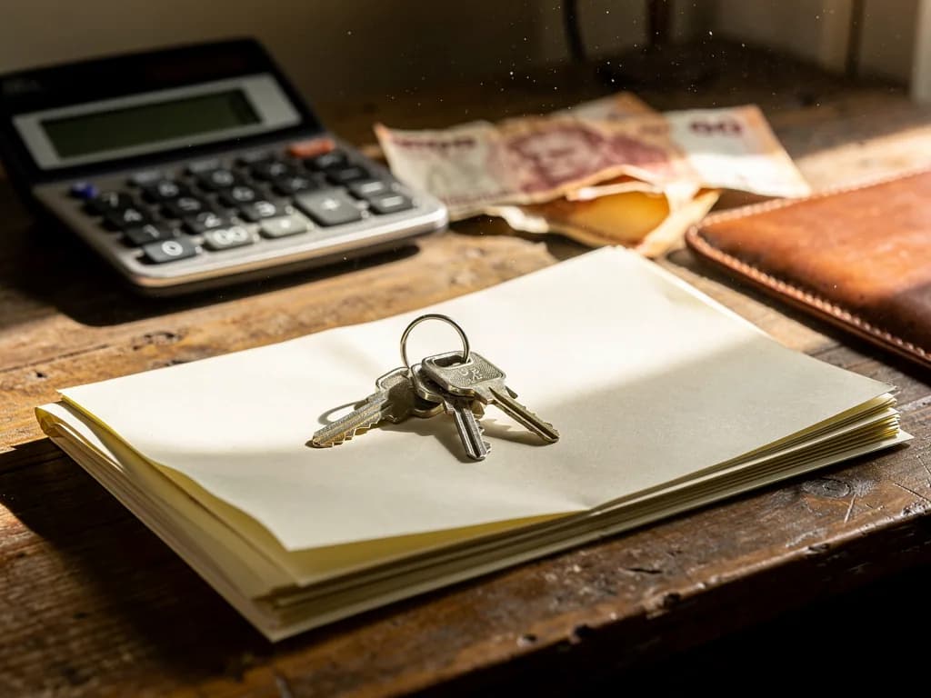 Llaves de casa sobre documentos legales doblados con calculadora y pesos dominicanos al fondo, simbolizando transacciones inmobiliarias