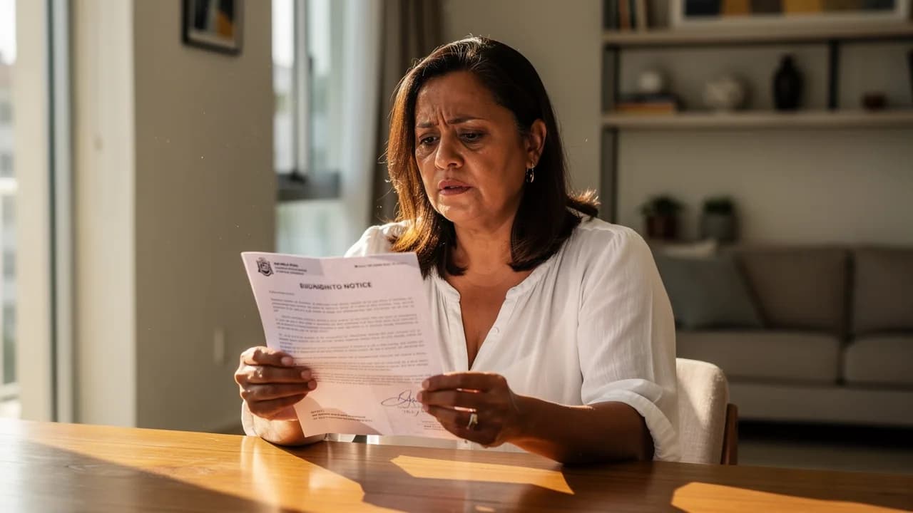 Mujer dominicana preocupada revisando aviso de gastos extraordinarios de su condominio en su apartamento