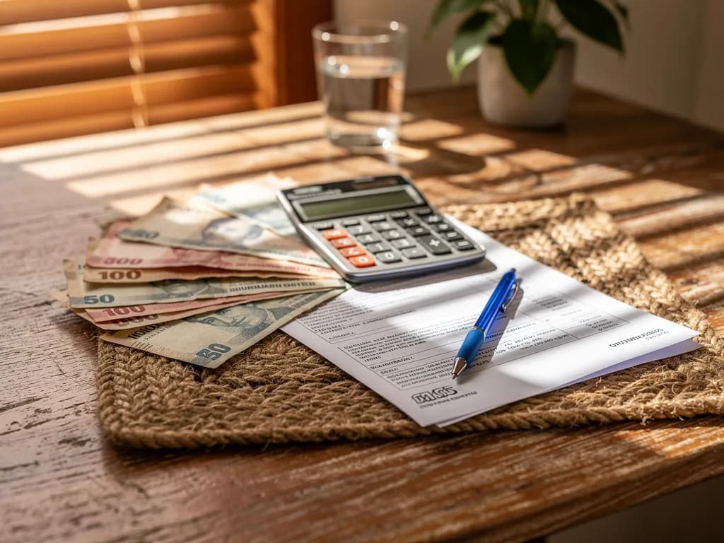 Calculadora con billetes dominicanos y documentos de gastos de mantenimiento de condominio sobre escritorio
