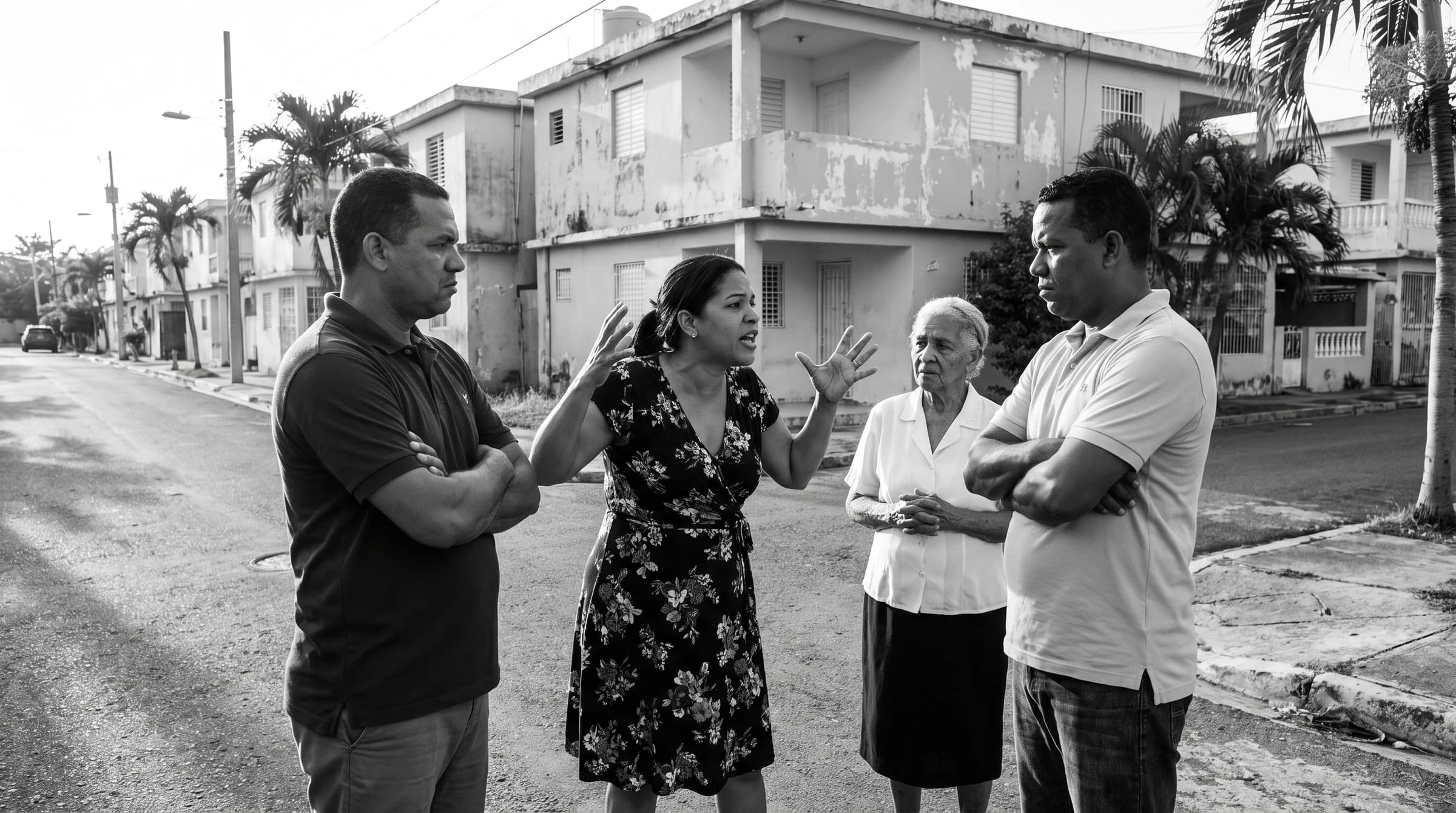 Familia dominicana discutiendo frente a una casa en venta en Los Jardines del Norte, mostrando la tensión típica de conflictos hereditarios