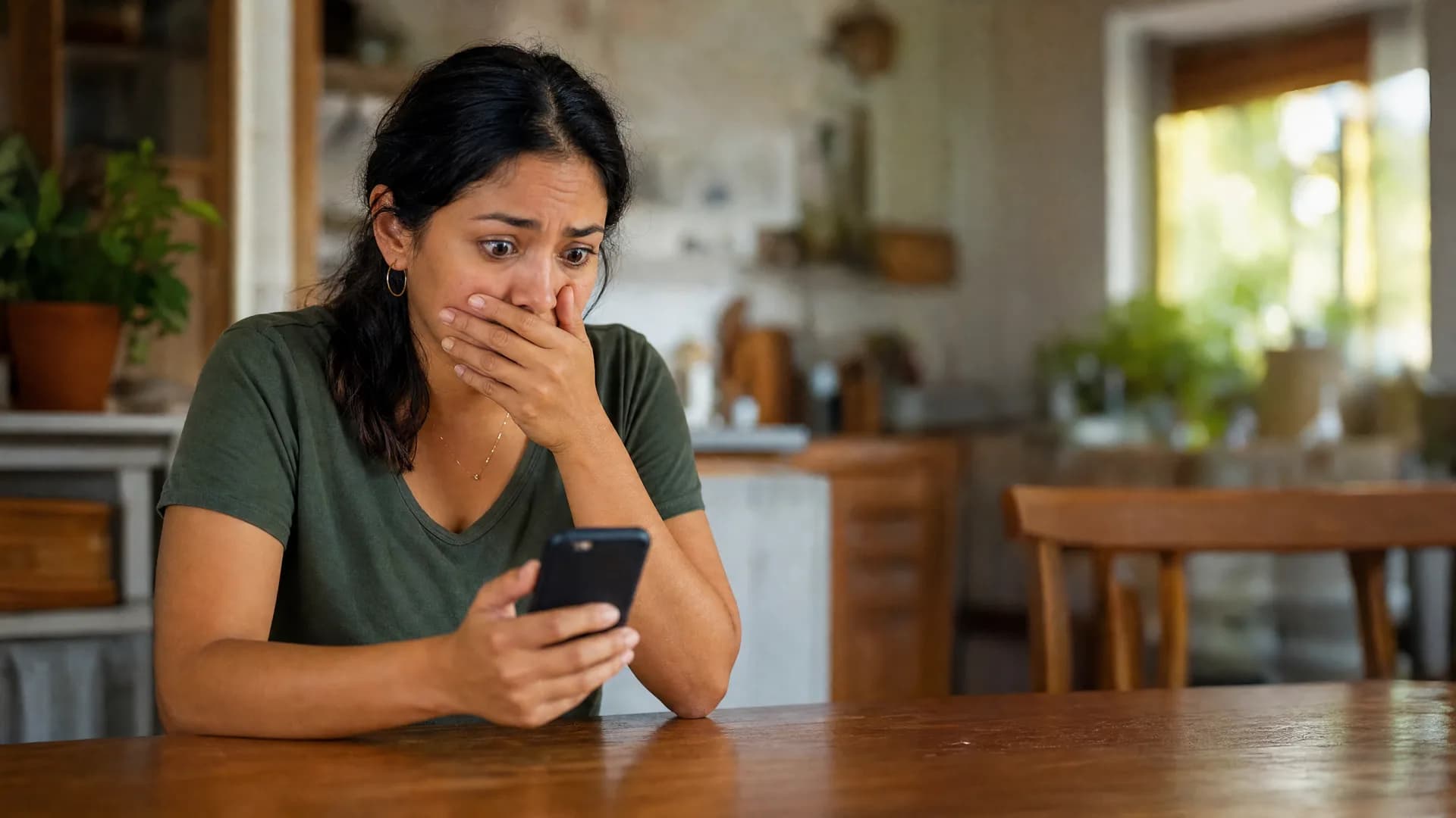Mujer dominicana preocupada revisando su teléfono después de hacer una transferencia bancaria