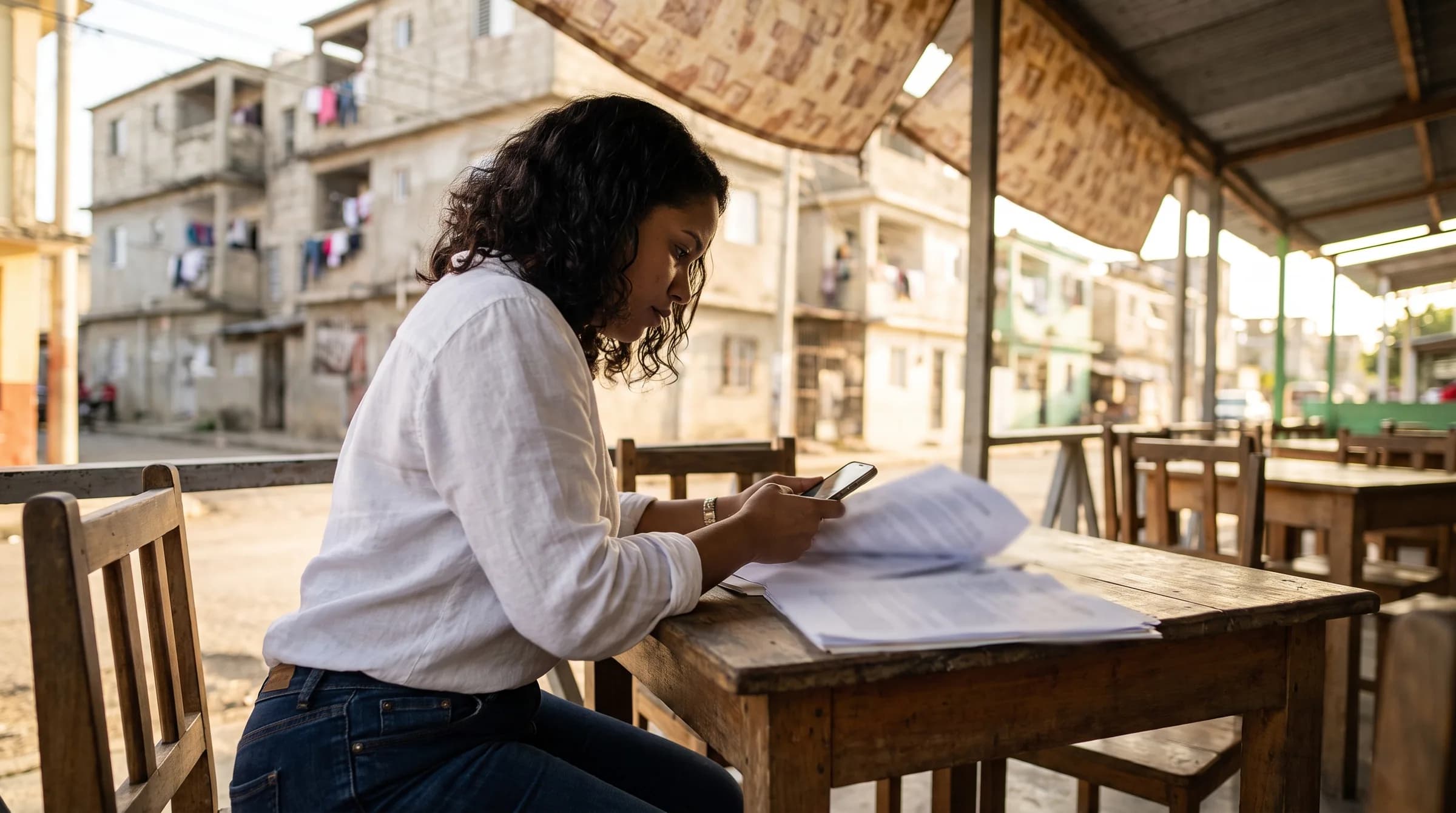 Mujer dominicana revisando documentos legales de propiedad en café de Los Alcarrizos, concentrada en la lectura de contratos