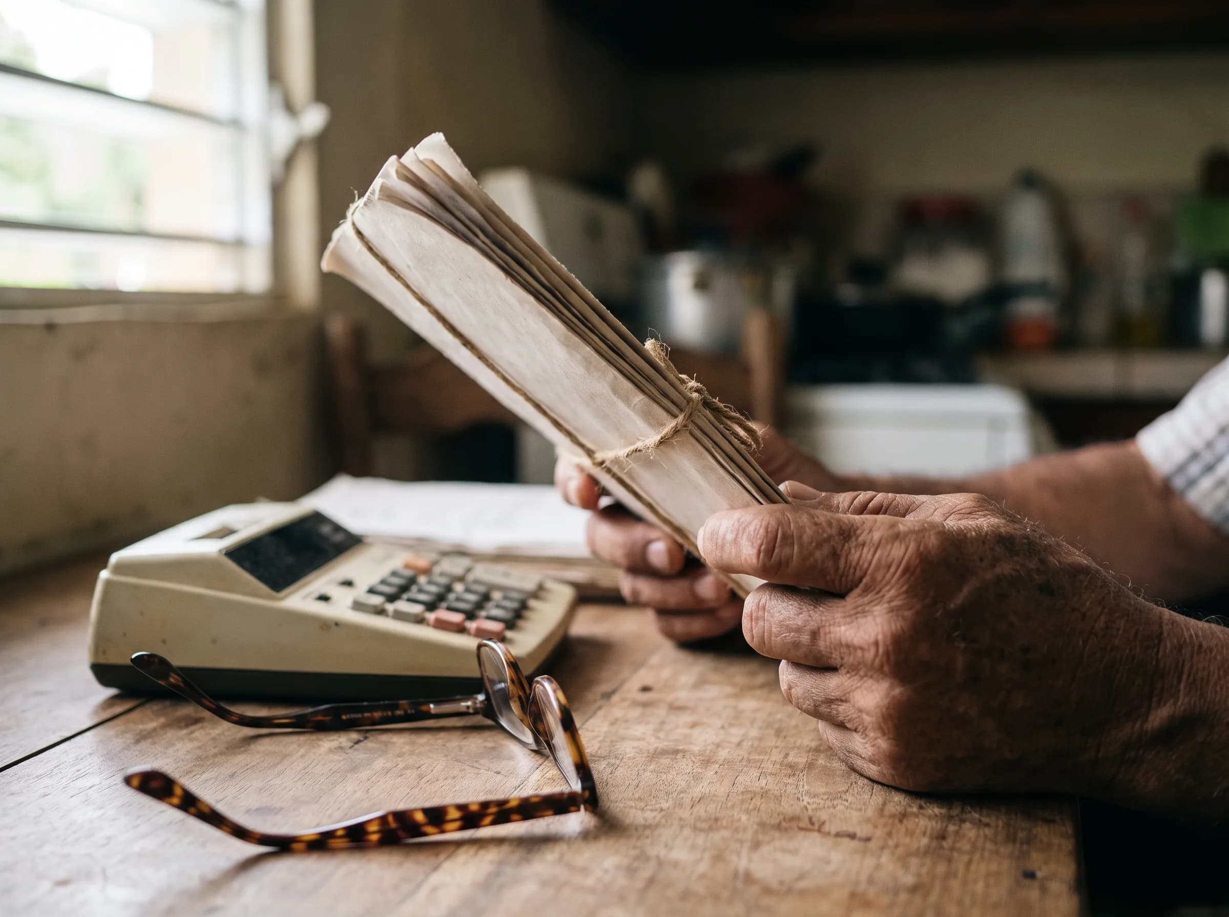 Manos sosteniendo documentos financieros doblados sobre mesa de cocina con calculadora, simbolizando el análisis cuidadoso de la hipoteca inversa