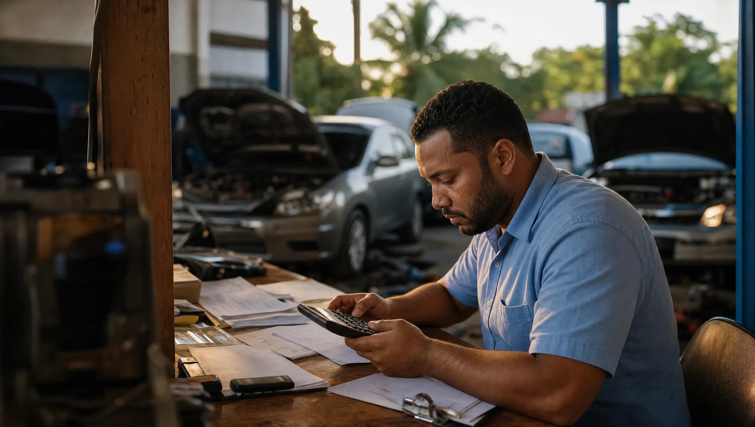 Hombre dominicano calculando costos de importación de vehículos en taller mecánico de Villa Mella