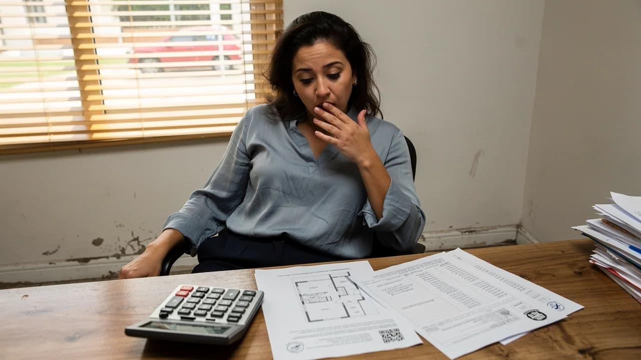 Mujer dominicana sorprendida revisando los costos adicionales del impuesto de transferencia en una oficina inmobiliaria en Santo Domingo