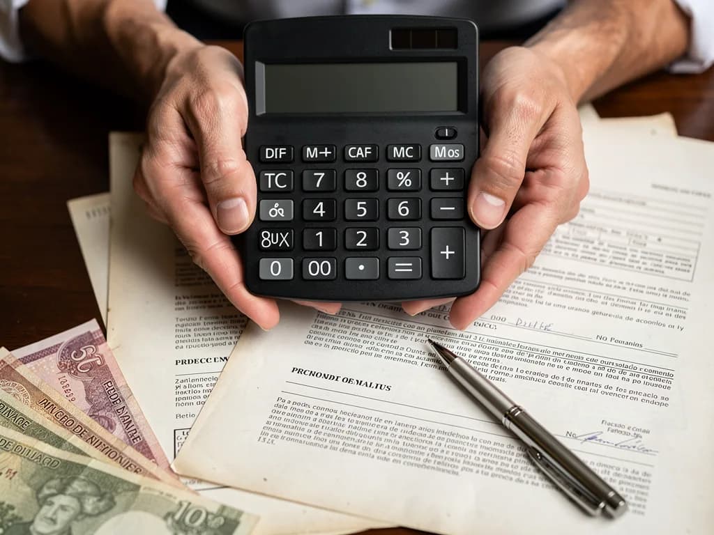 Manos calculando costos del impuesto de transferencia inmobiliaria sobre documentos de compraventa con billetes dominicanos