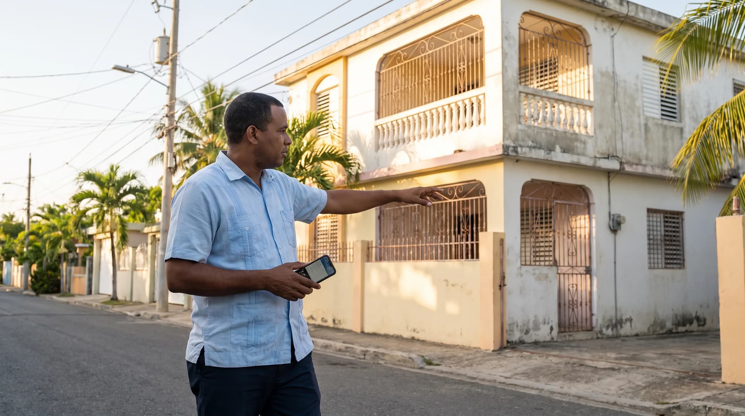 Agente inmobiliario dominicano realizando una inspección remota por videollamada mientras camina frente a una casa residencial en Santo Domingo