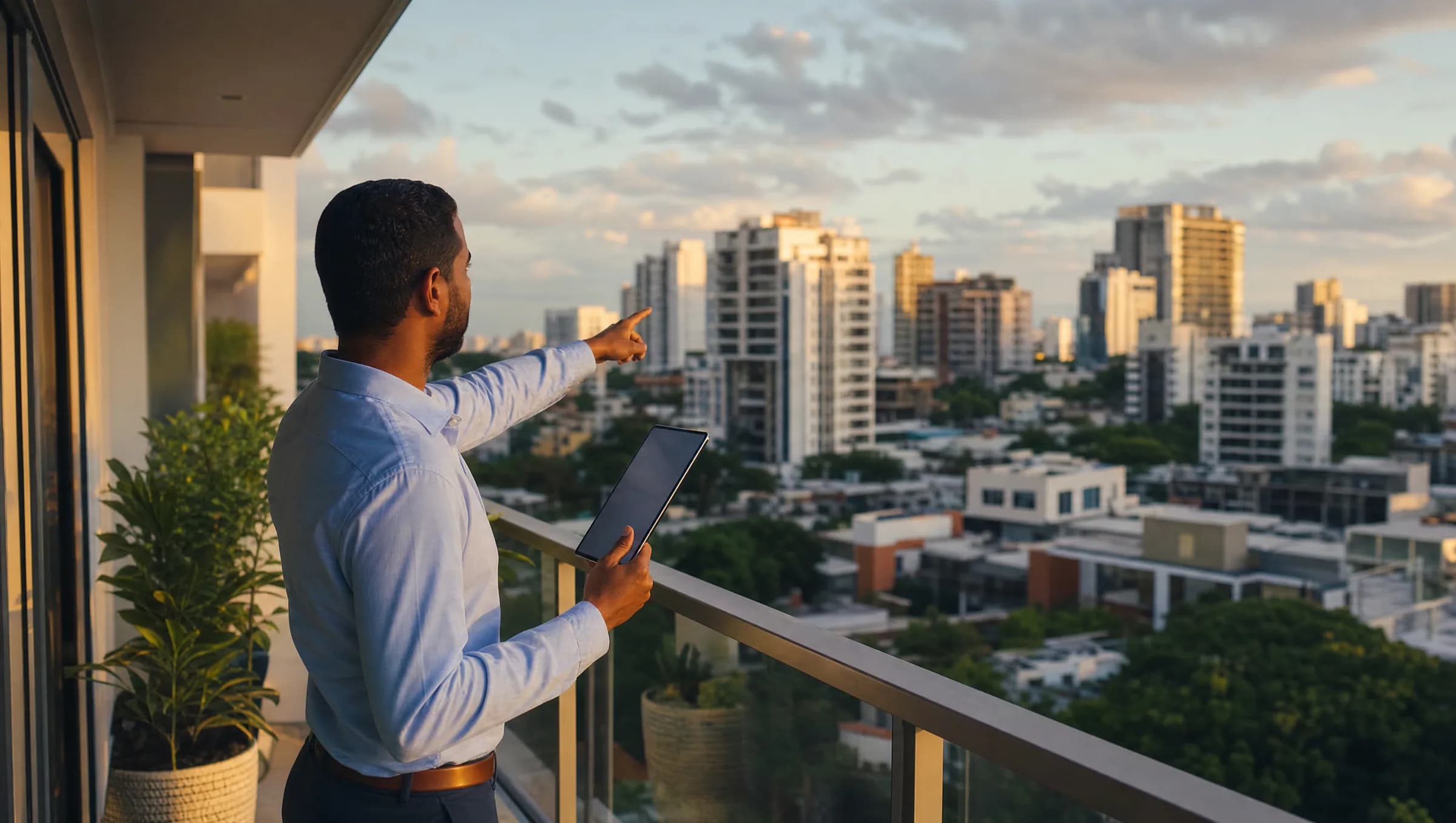 Agente inmobiliario dominicano realizando una inspección remota desde el balcón de un apartamento en Bella Vista, mostrando el entorno a un comprador por videollamada