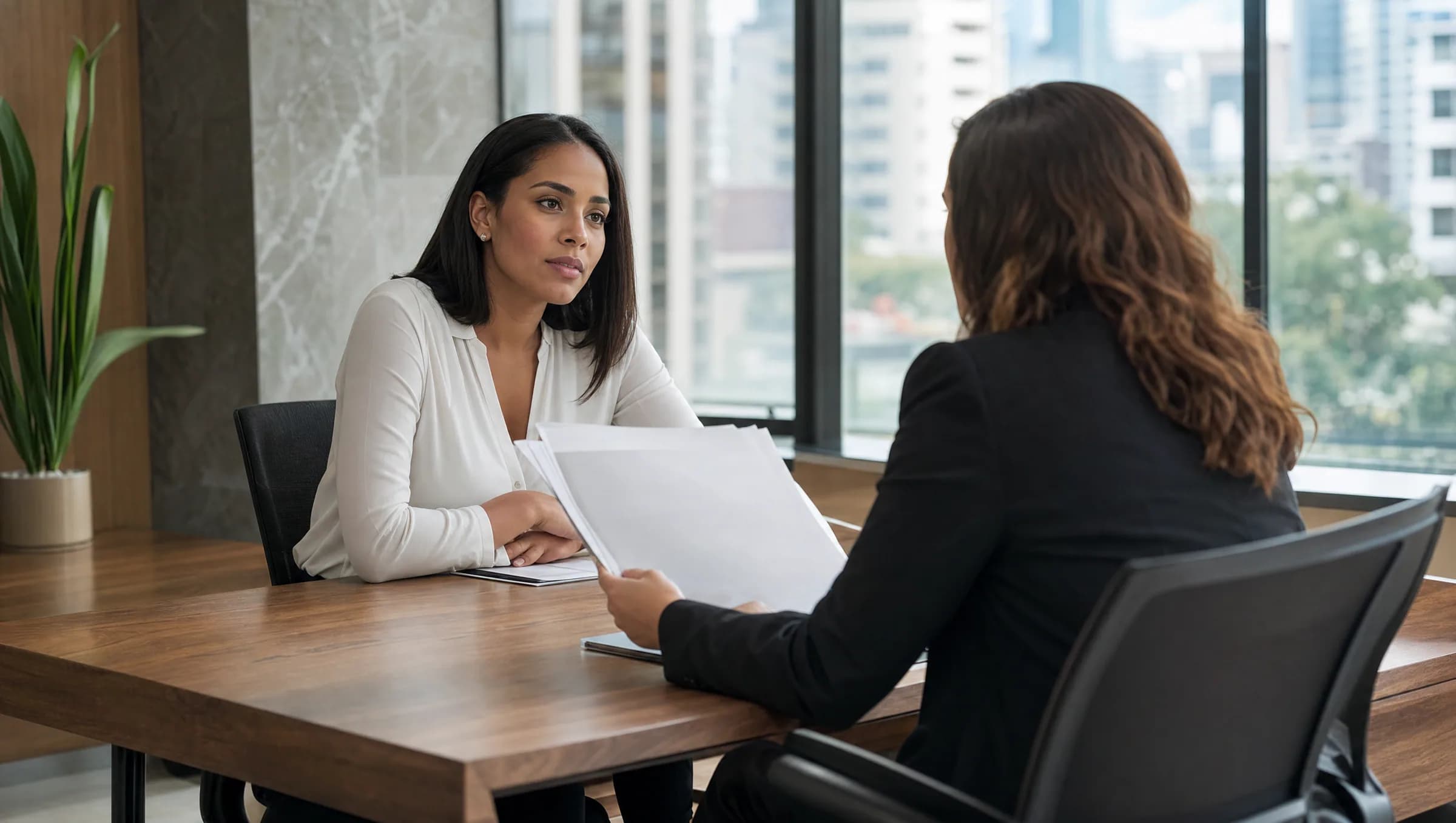 Mujer dominicana de 30 años consultando con agente inmobiliario en oficina moderna de Piantini durante reunión sobre IPI