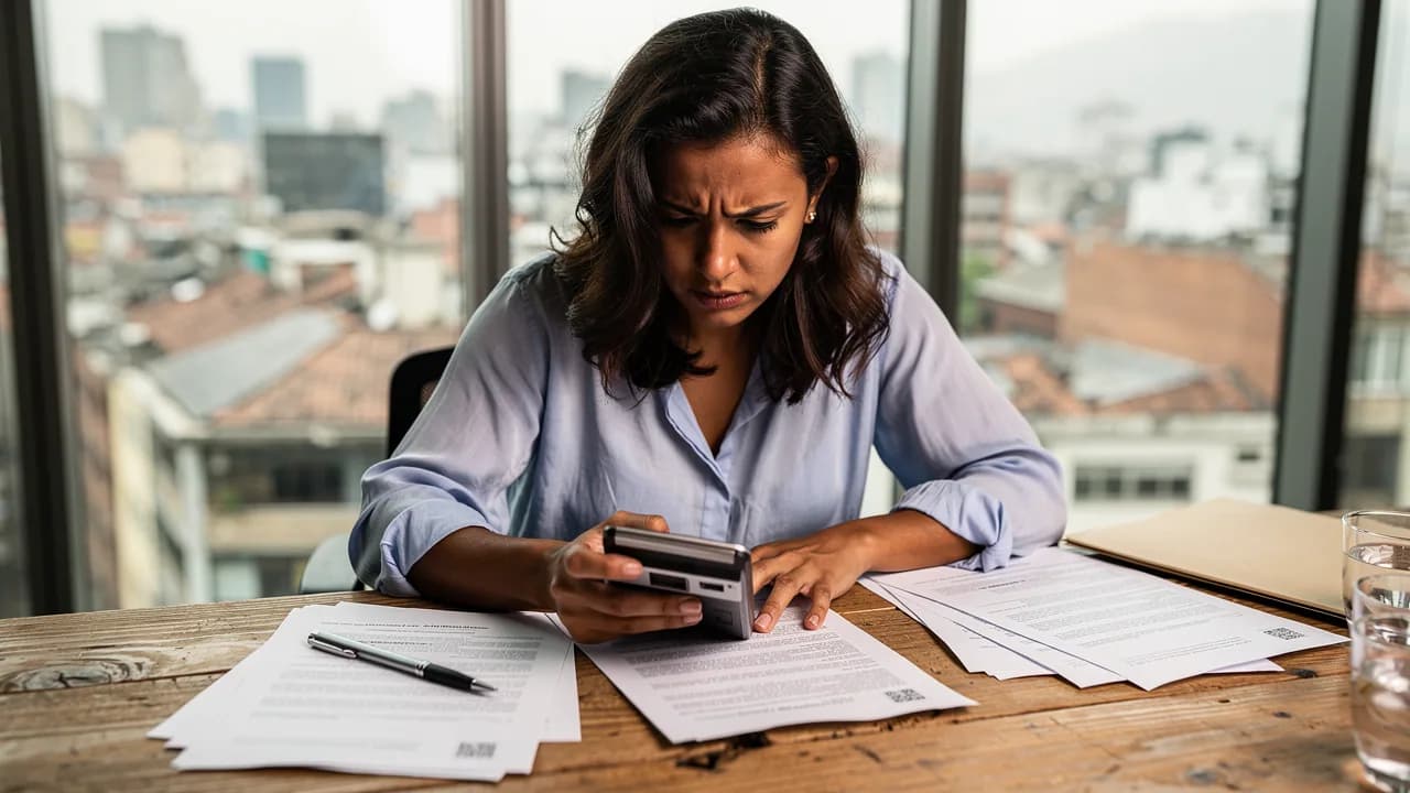 Mujer dominicana revisando documentos de compra inmobiliaria con expresión de sorpresa al calcular costos adicionales del ITBI en una oficina de Santiago