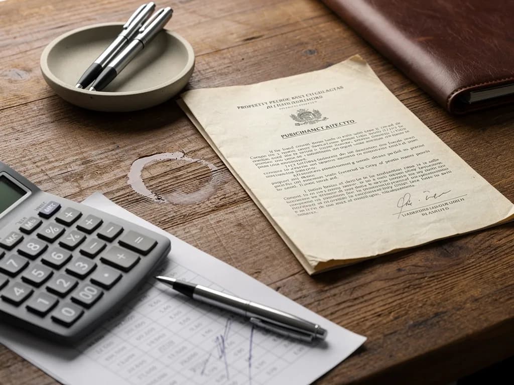 Close-up of a folded real estate purchase contract with calculator and ITBI calculation documents on a notary's desk