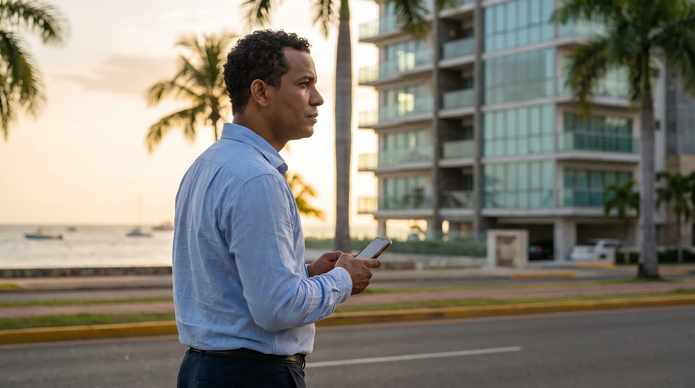 Hombre dominicano de perfil sosteniendo teléfono mientras observa edificio de apartamentos frente al mar en el Malecón de Santo Domingo