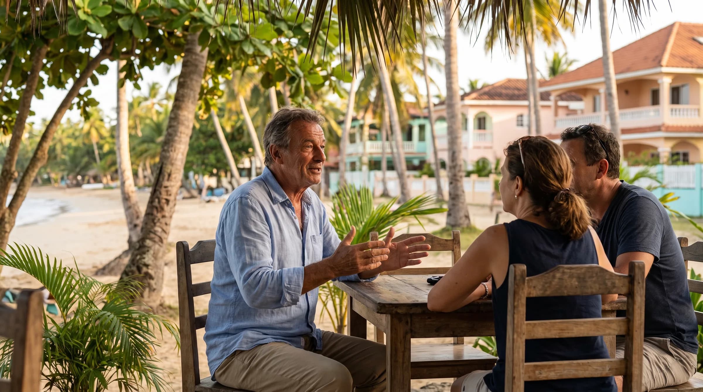 Jubilados extranjeros conversando en un café al aire libre en Las Terrenas, mostrando la vida social de la comunidad expatriada en República Dominicana