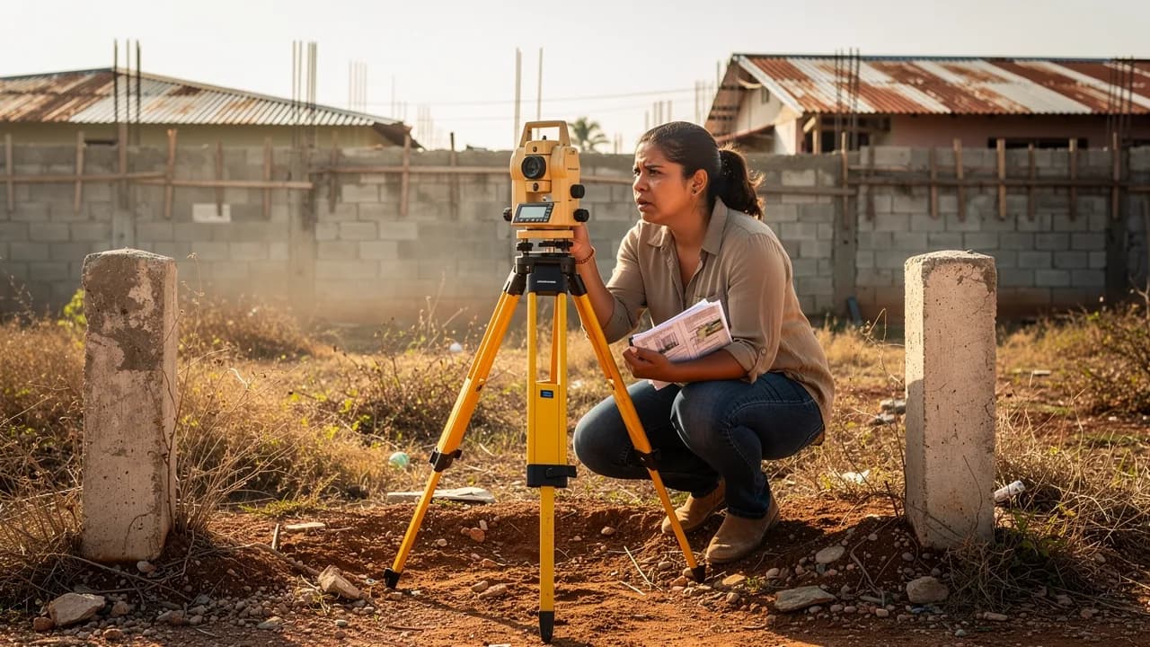 Mujer dominicana examinando documentos de propiedad y equipo de agrimensura en un terreno residencial, mostrando la importancia de verificar los límites legales antes de comprar