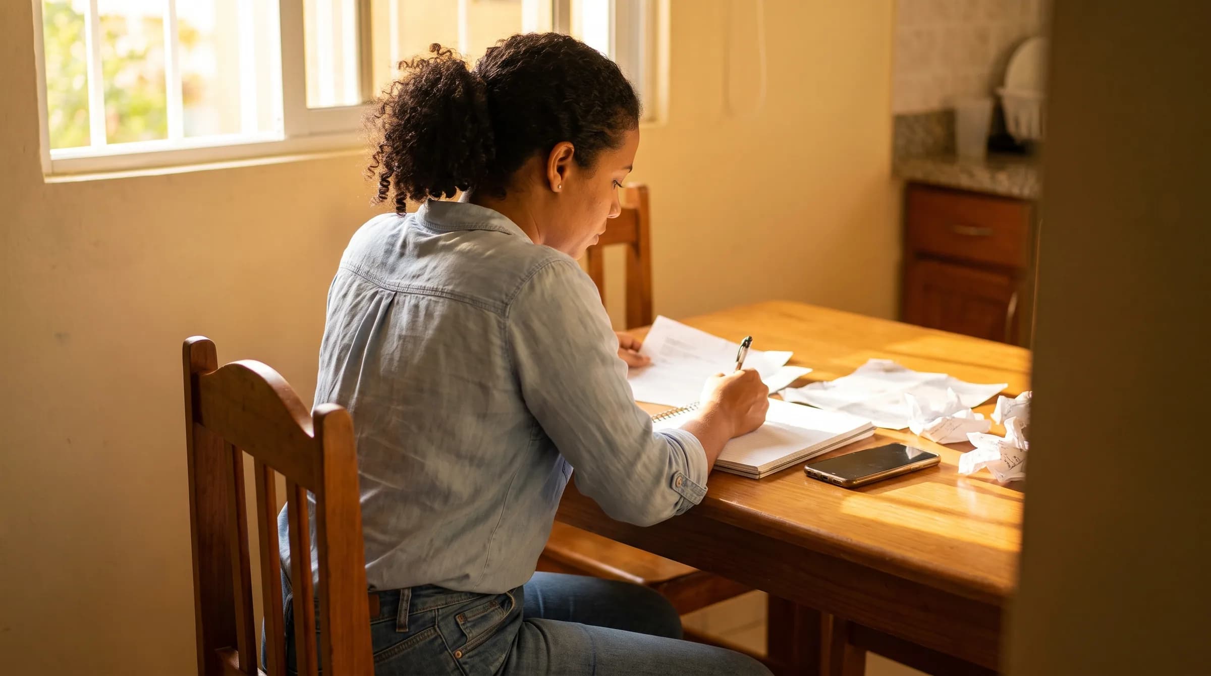 Mujer dominicana planificando sus finanzas para la compra de su primera casa en su cocina durante la mañana