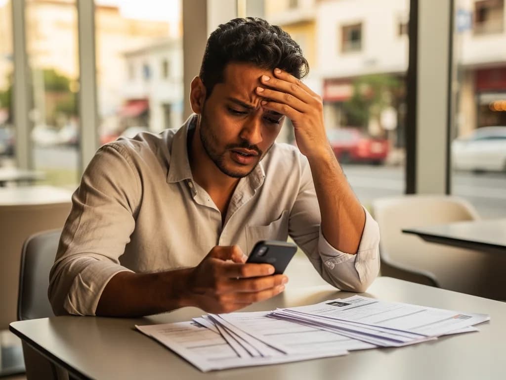 Hombre dominicano revisando documentos de propiedades en su teléfono con expresión de preocupación y frustración durante proceso de compra