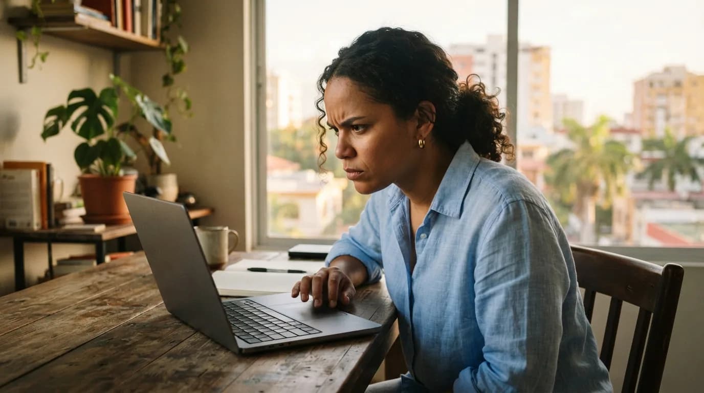 Mujer dominicana concentrada revisando información en su laptop mientras evalúa una inversión inmobiliaria