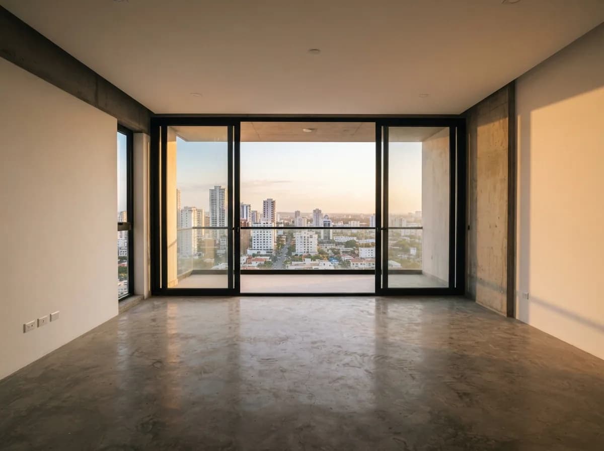 Interior of empty modern apartment in Santo Domingo with panoramic city view through the balcony