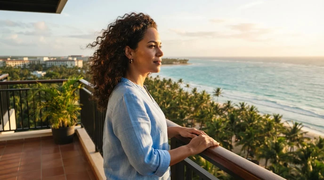 Mujer dominicana contemplando el mar desde el balcón de un apartamento en Punta Cana, reflexionando sobre su decisión de compra inmobiliaria