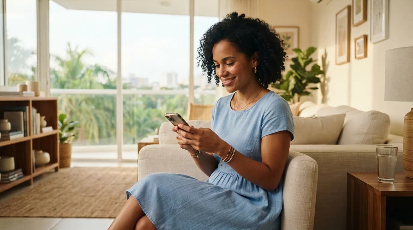 Mujer dominicana sonriendo mientras revisa información inmobiliaria en su teléfono desde la comodidad de su hogar en Santo Domingo