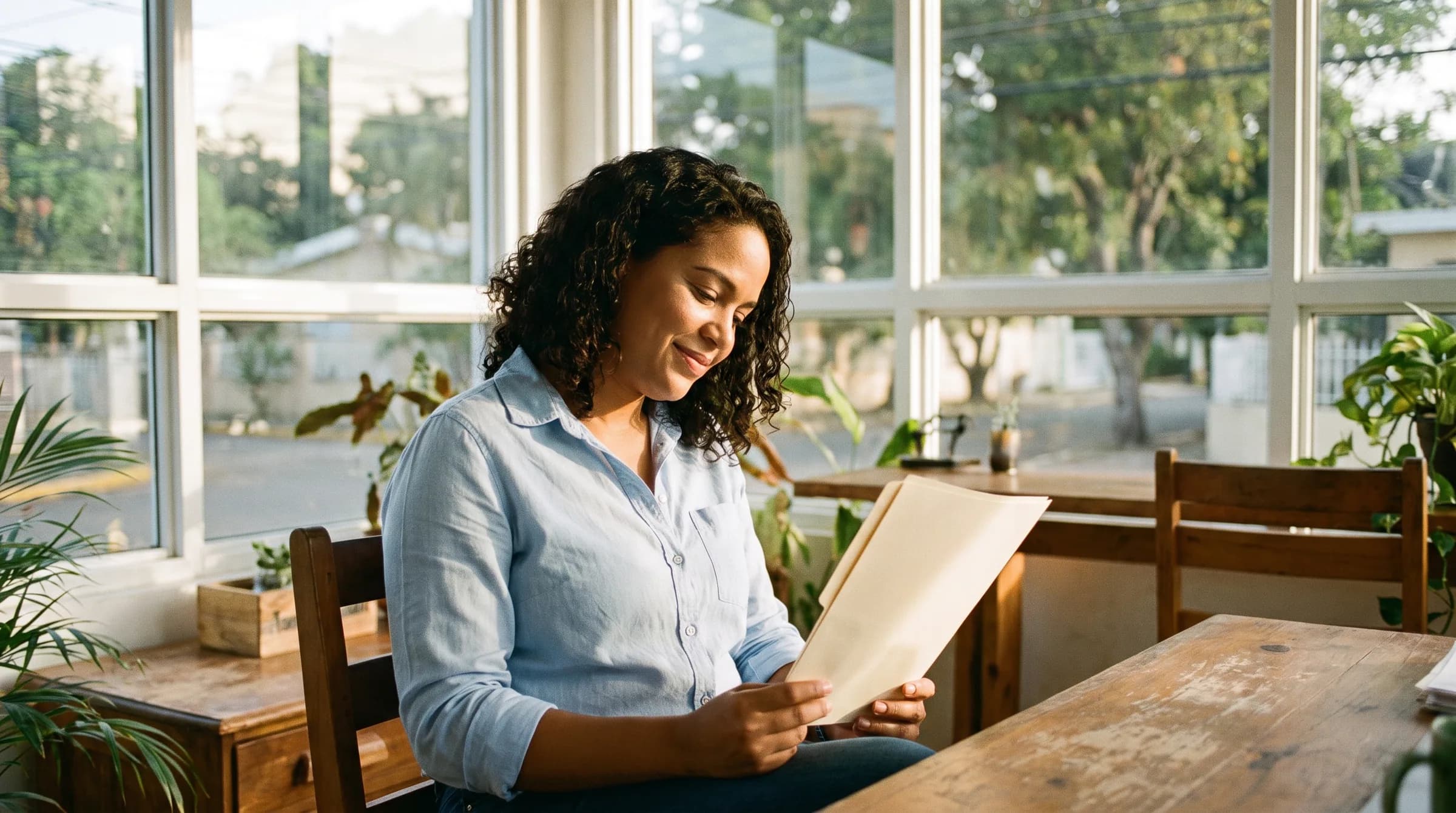 Mujer dominicana revisando documentos legales en oficina inmobiliaria de Bella Vista con expresión de alivio y tranquilidad