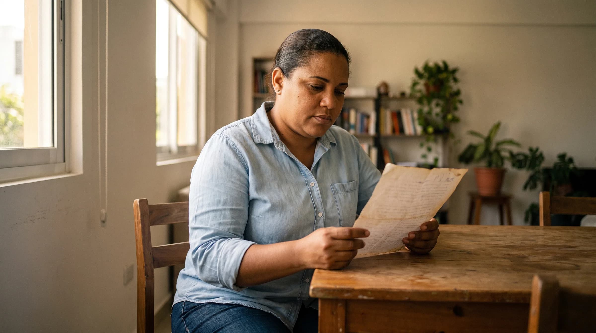 Mujer dominicana revisando contrato de alquiler en su apartamento en Santiago, reflexionando sobre las nuevas condiciones de la Ley 85-25