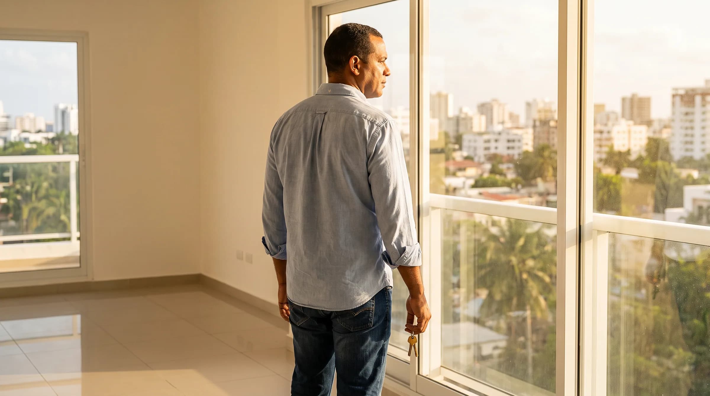 Expatriado dominicano contempla su apartamento vacío en Santo Domingo mientras sostiene las llaves, reflejando la incertidumbre sobre la nueva ley de alquileres