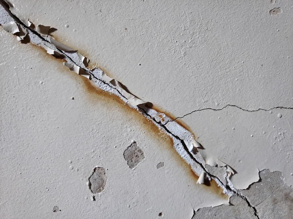 Interior wall with visible cracks and moisture stains revealing structural problems hidden in edited real estate photographs