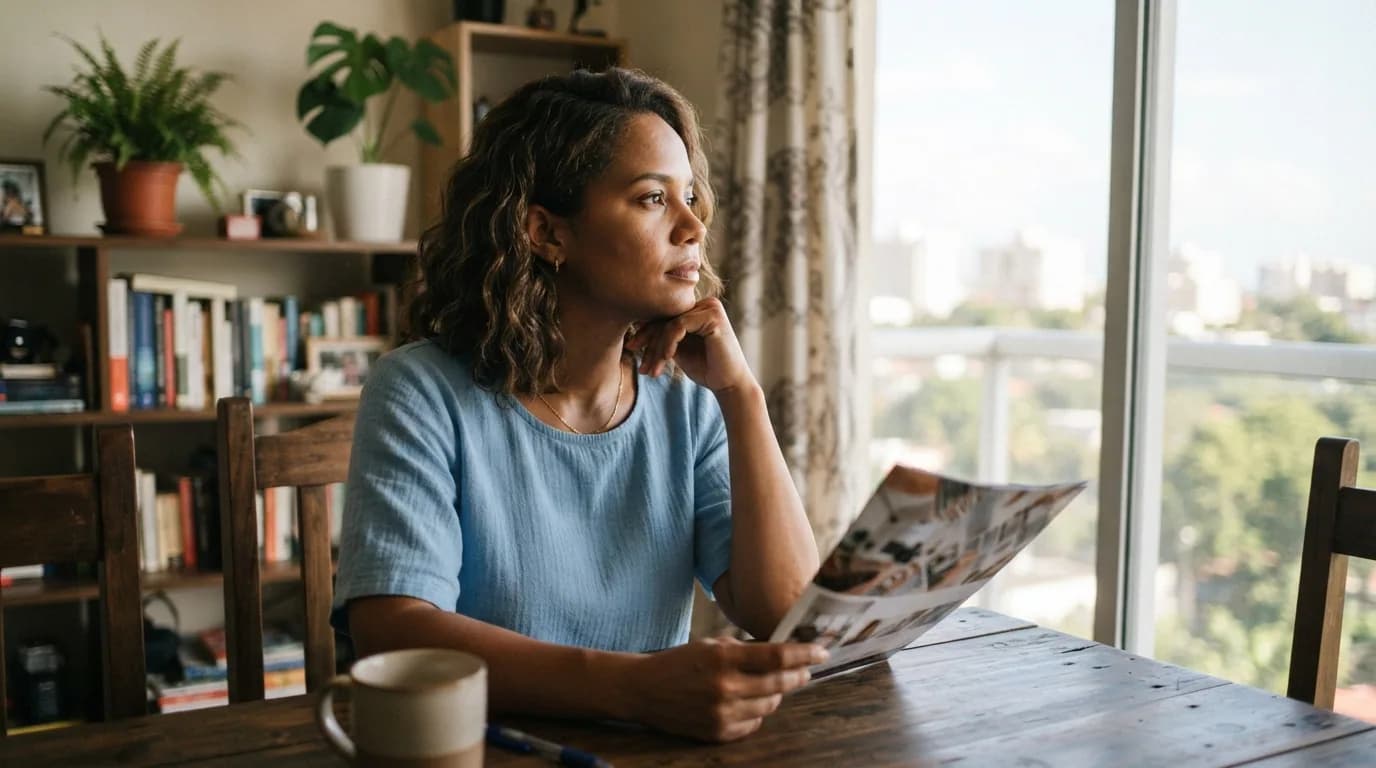 Mujer dominicana sentada en su apartamento sosteniendo un brochure inmobiliario con expresión pensativa mientras mira hacia la ventana